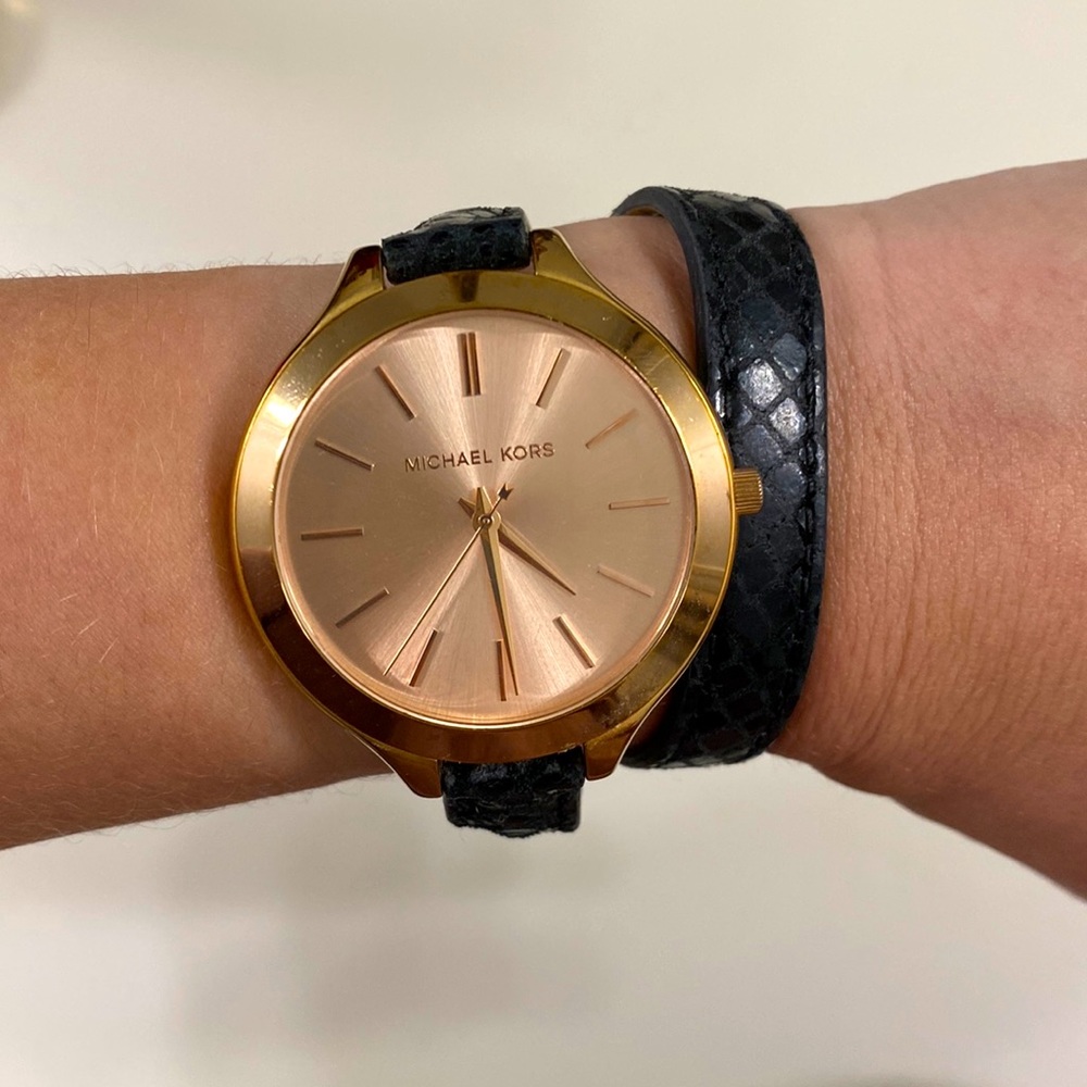 Michael Kors | Rose Gold Watch with Wrap Black Snake Skin Band